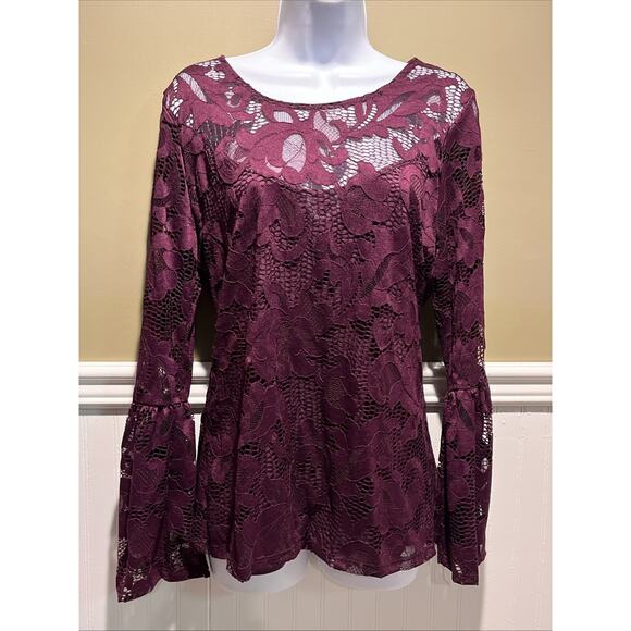INC Women's Lace Top Sheer Bell Sleeve Purple Burgundy Size M Boho Romantic - Picture 1 of 10